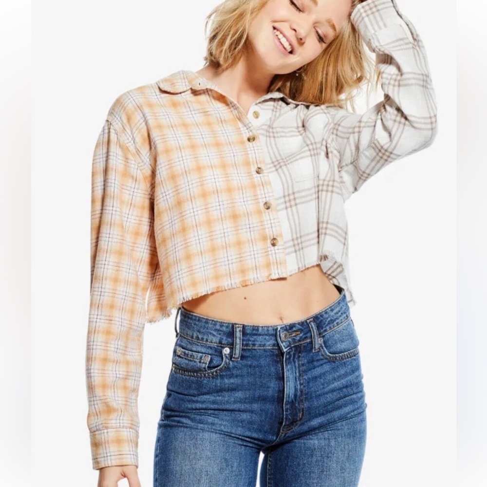 AEROPOSTALE Long Sleeve Spliced Plaid Cropped Flannel Button-Down Shirt Large